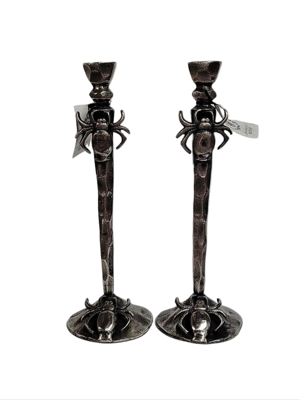 Set of (2) Mortar & Bone Antiquated Silver Spider Gothic Candle Stems w/Candles